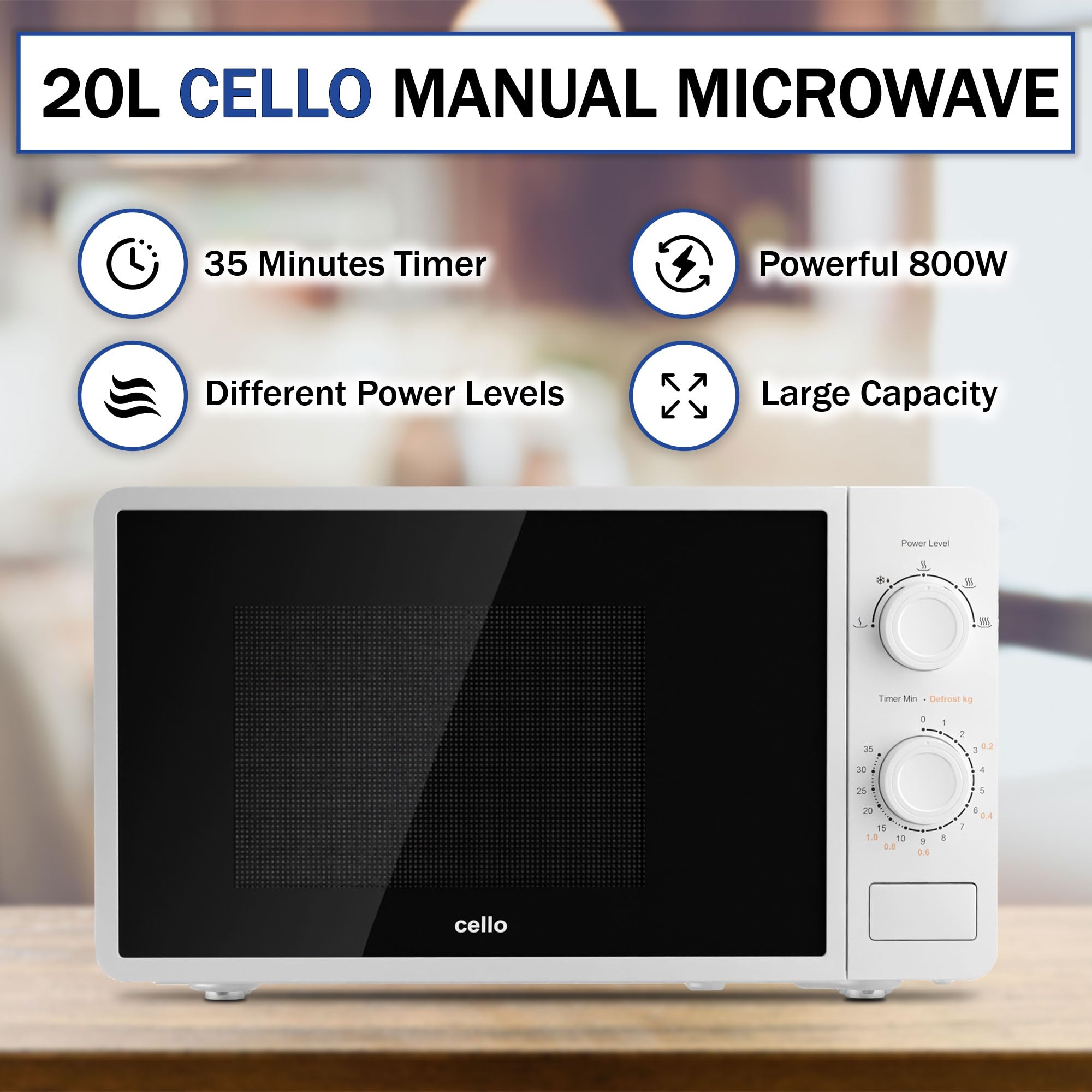 Cello 800W Microwave Oven with 20 Litre Capacity 5 Power levels and defrost function, White, Manual control, Clock kitchen timer WEMA10