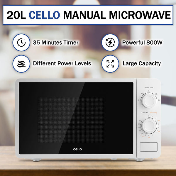 Cello 800W Microwave Oven with 20 Litre Capacity 5 Power levels and defrost function, White, Manual control, Clock kitchen timer WEMA10