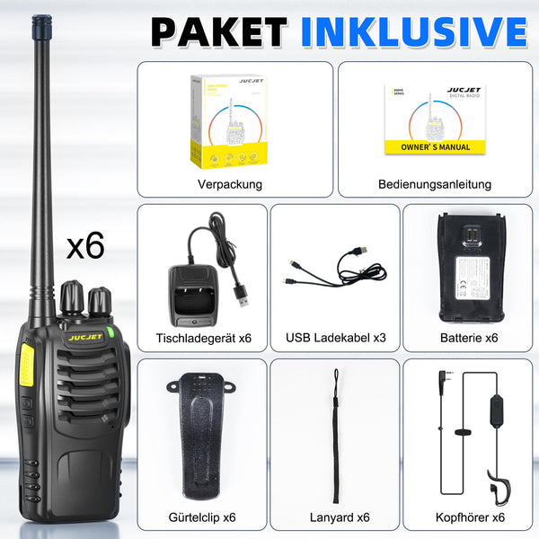 JUCJET Walkie Talkies 2023 Upgraded 88E Walkie Talkie Long Range for Adults with Earpieces, 16 Channel Handheld 2 Way Radio Rechargeable with Flashlight Li-ion Battery and Charger(4 Pack)