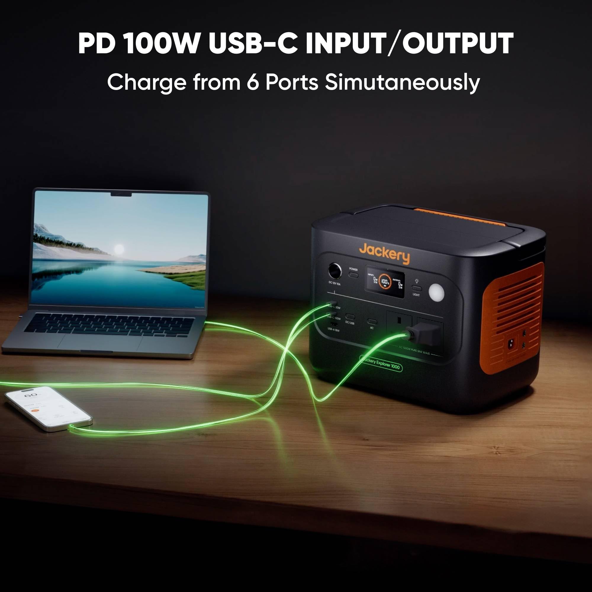 Jackery Explorer 1000V2 Portable Power Station (2024 New) + 2x 100W Solar Panels + 5M Extension Cable, 1070Wh LiFePO4, 1500W AC & 100W USB-C Output, 1-Hour Fast Charge