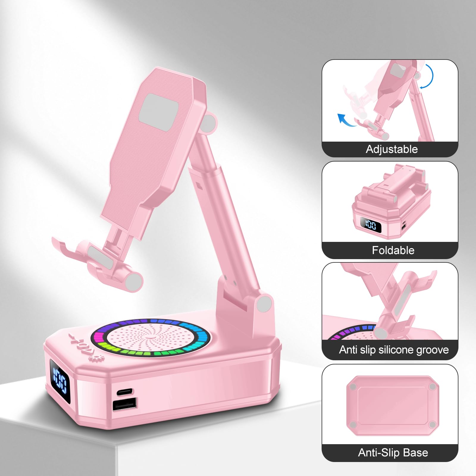 Gifts for Men Women, Phone Stand with Bluetooth Speaker, Anti-Slip Base, 4-in-1 Design with RGB, Foldable Phone Charger Stand with Wireless Speaker, Ideal for Dad Mom, Tech Gadget Stocking Fillers