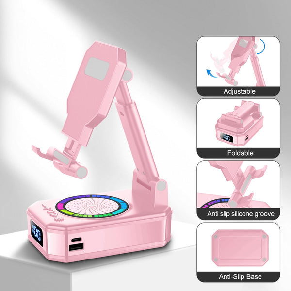 Gifts for Men Women, Phone Stand with Bluetooth Speaker, Anti-Slip Base, 4-in-1 Design with RGB, Foldable Phone Charger Stand with Wireless Speaker, Ideal for Dad Mom, Tech Gadget Stocking Fillers