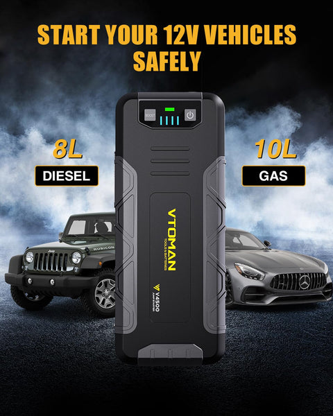 VTOMAN V2500 2500A Jump Starter Power Pack - Portable 12V Car Battery Booster Jump Starter with Jump Leads(Up to 8.0L Gas or 6.0L Diesel Engine), LED Flashlight, Quick Charge, 15V DC Port