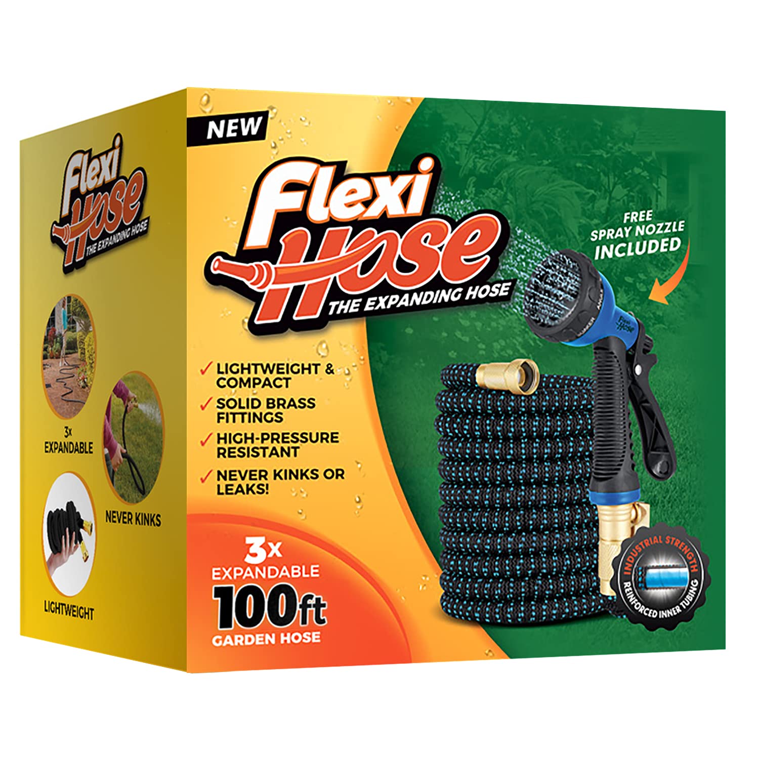 Flexi Hose Upgraded Expandable Garden Hose Pipe Including 8 Function Spray Gun Nozzle - Extra Strength with 2 cm Solid Brass Fittings - No-Kink Flexible Garden Hoses (Orange/Black 15 Metres)