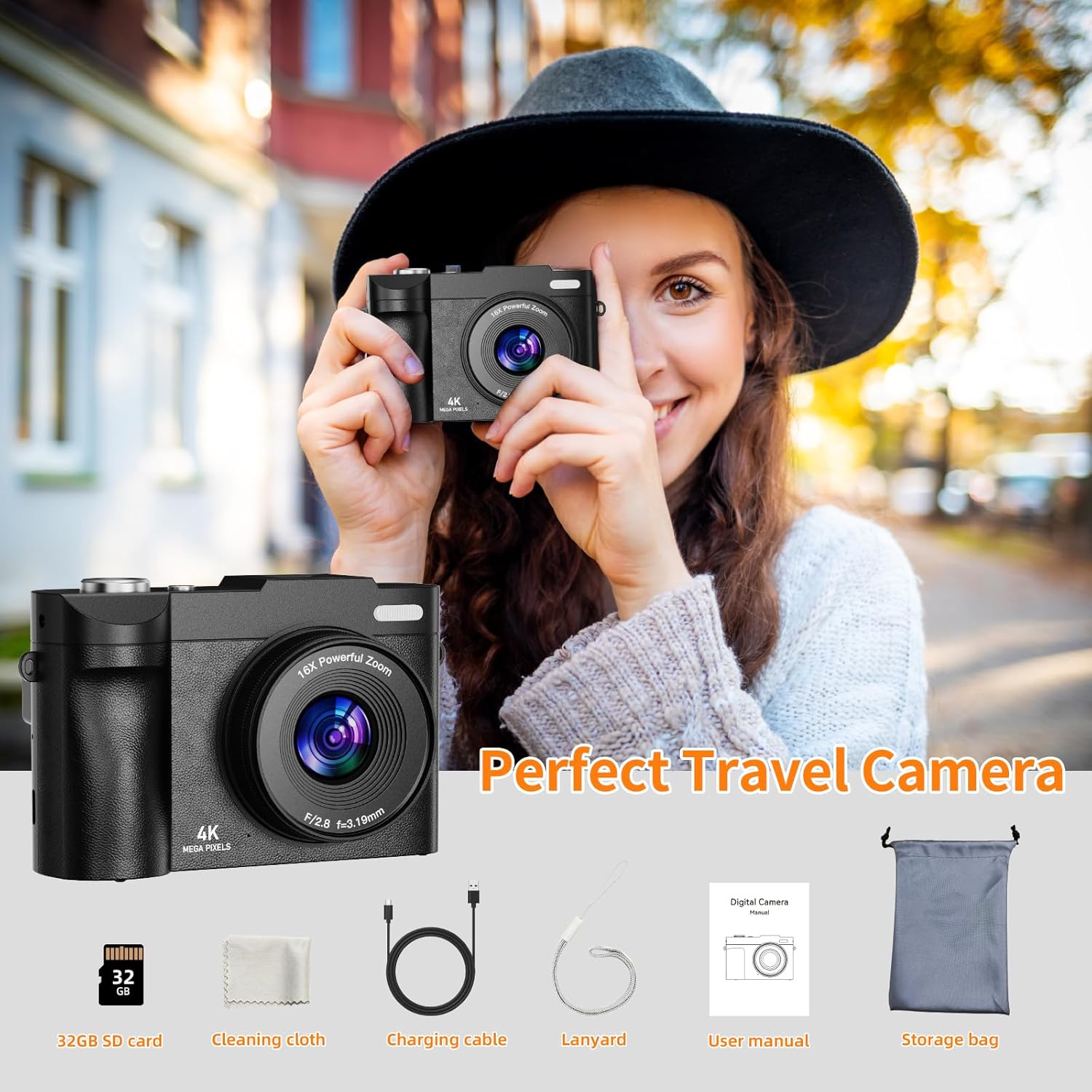 Digital Camera,UHD Autofocus Vlogging Camera with 16X Digital Zoom,2.8 Inch 180° Flip Screen Photo Camera with 32GB SD Card for Teenagers, Beginners,Adults