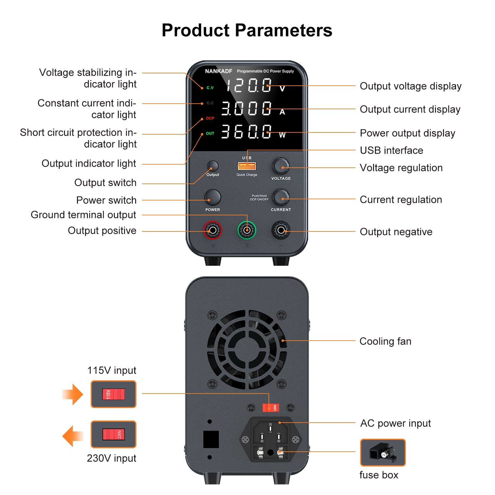 DC power supply (0-30V,0-10A) adjustable, switching power supplies, mini high precision 4-digit display with USB fast charging interface, variable lab bench power supply, output button/encoder knob