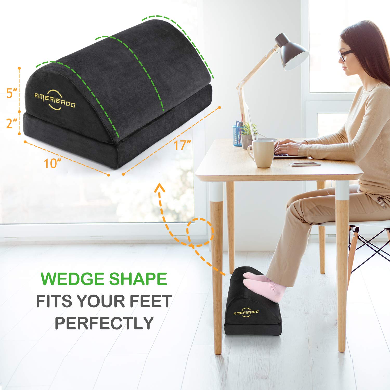 AMERIERGO Wedged-Shape Adjustable Foot Rest,Foot Stool Under Desk, Cushion with 2 Optional Height for Home & Office
