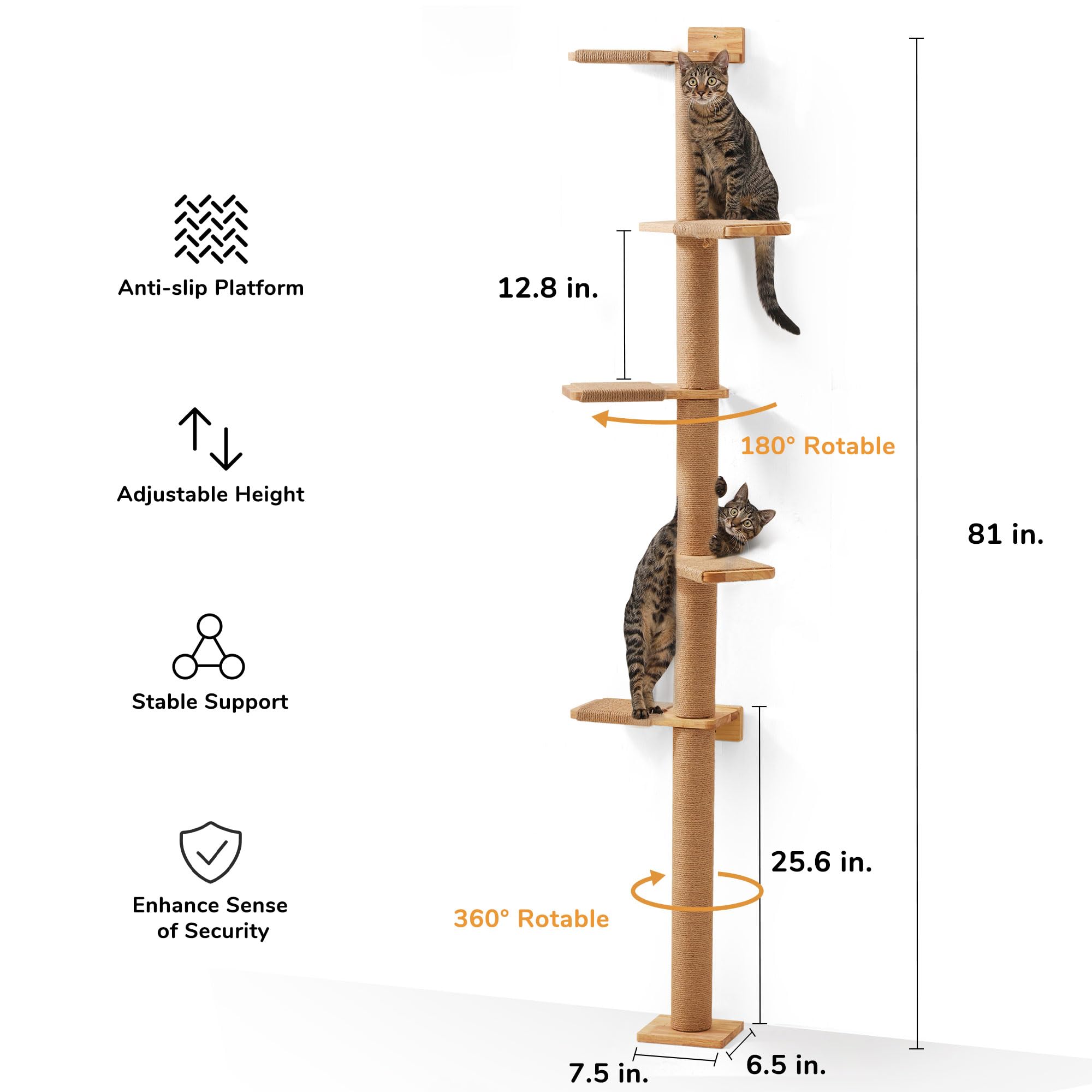 FUKUMARU Tall Cat Tree, 5 Tier Floor to Ceiling Cat Tower, Wall-Mounted Cat Scratching Post, Wild Simulation Cat Wall Shelves, Suitable for Cats