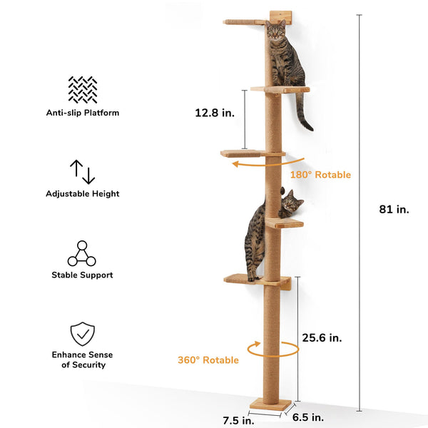 FUKUMARU Tall Cat Tree, 5 Tier Floor to Ceiling Cat Tower, Wall-Mounted Cat Scratching Post, Wild Simulation Cat Wall Shelves, Suitable for Cats
