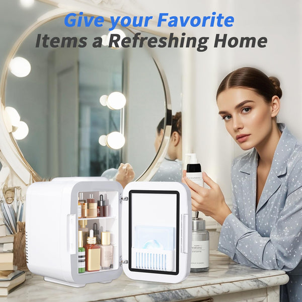 YASHE Mini Fridge for Bedroom, Skincare Fridge with LED Light Mirror, 4L Small Fridge Portable,220V AC/ 12V DC Thermoelectric Warmer & Cooler for Car Office Dorm(Blue)