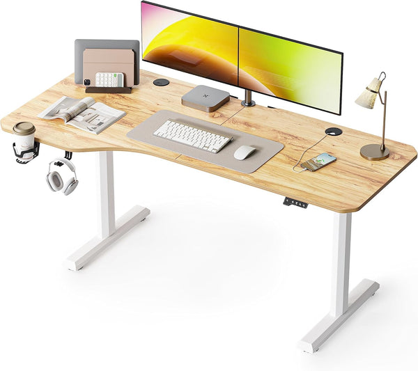 FEZIBO Height Adjustable Electric Standing Desk, 120 * 60 cm Stand up Table, Sit Stand Home Office Desk with Splice Board, White Frame/Maple Top