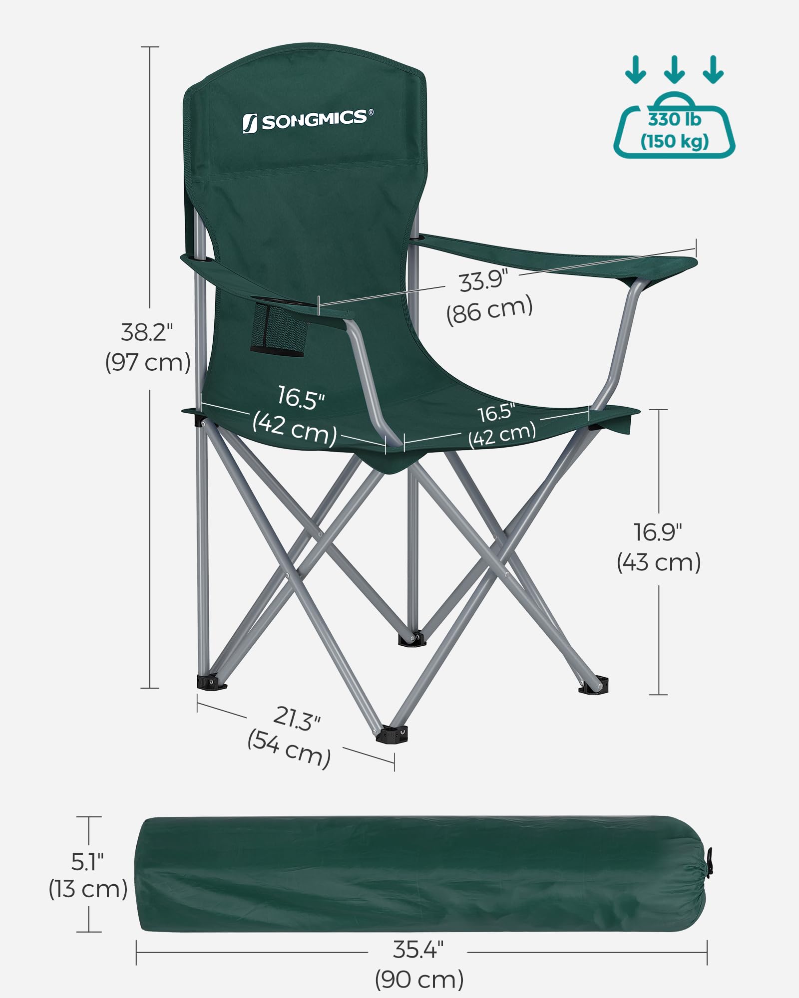SONGMICS Set of 2 Folding Chairs, Camping Chairs, Comfortable Heavy Duty Structure, Max. Load 150 kg, with Drink Holder, Outdoor Chair