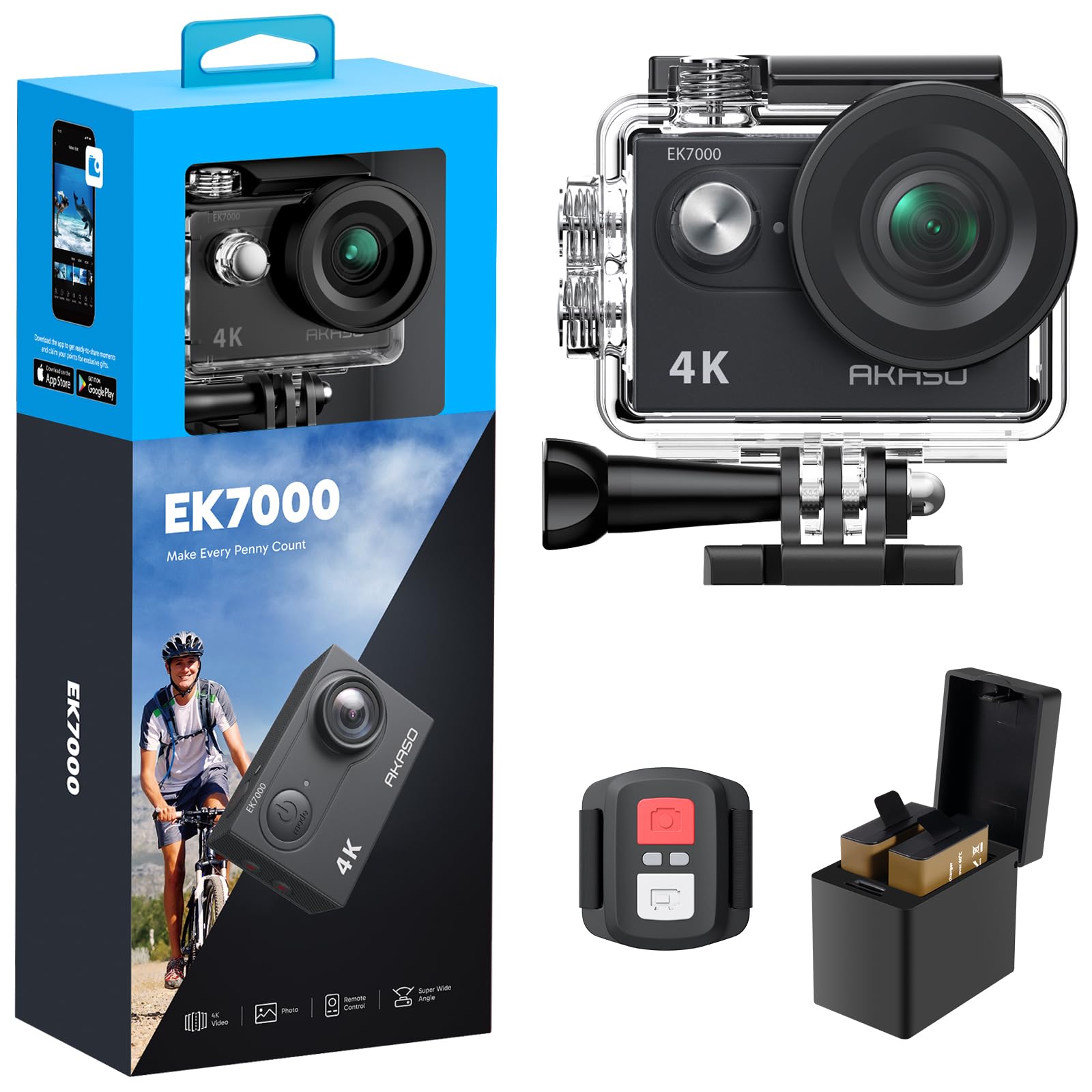 AKASO EK7000 Action Camera Floating Hand Grip Bundle - Includes 4K30FPS EK7000 Underwater Camera, Floating Hand Grip, 2 Batteries, Carrying Case, and Accessory Kits