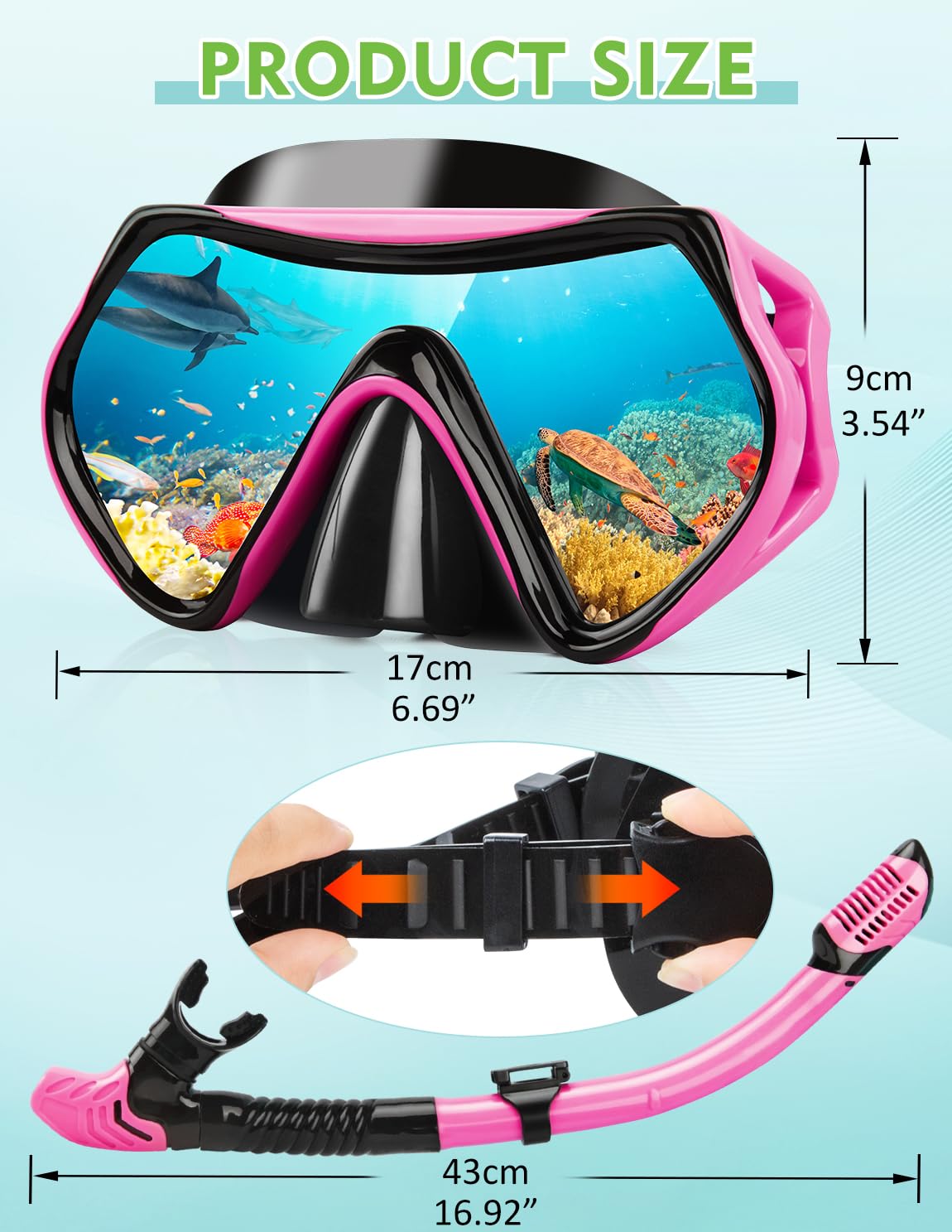 Hydomi Snorkel Set Adults 180° Panoramic Anti-Fog Snorkel Mask with Dry Top Valve, Leak-Proof Tempered Glass Diving Set for Swimming Snorkeling, Travel-Friendly Kit with Adjustable Straps