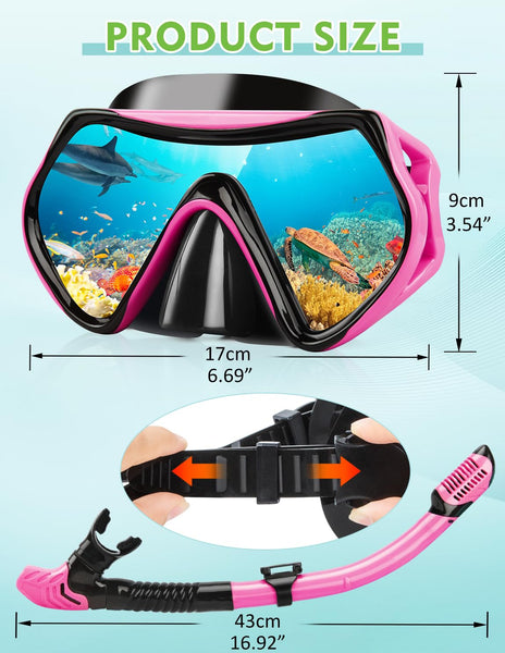 Hydomi Snorkel Set Adults 180° Panoramic Anti-Fog Snorkel Mask with Dry Top Valve, Leak-Proof Tempered Glass Diving Set for Swimming Snorkeling, Travel-Friendly Kit with Adjustable Straps