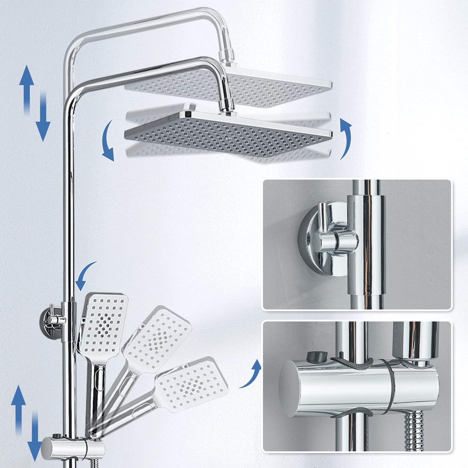 Rozin Shower Riser Rail Kit Adjustable Chrome 2 Functions Square Overhead 29 * 19cm and Hand Shower Stainless Steel Easy Install