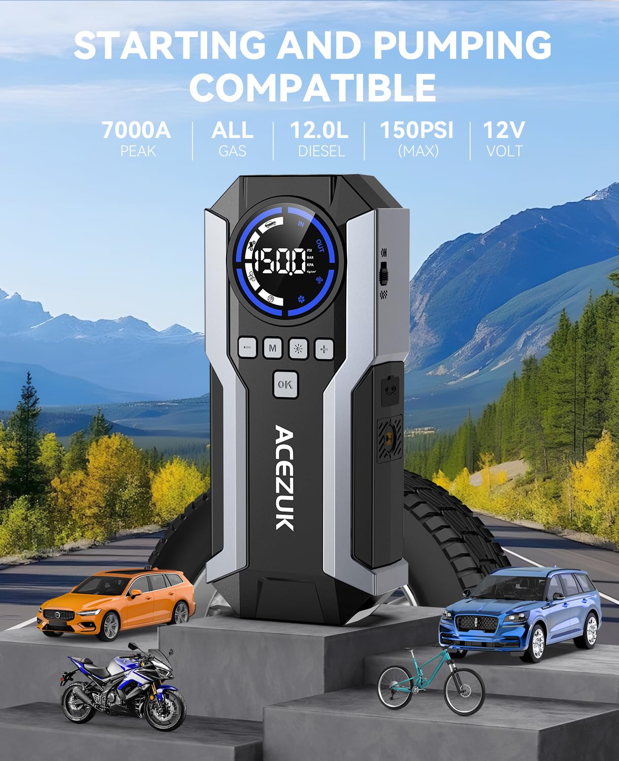 7000A Jump Starter Power Pack with 150PSI Air Compressor,12V Portable Car Battery Booster Jump Starter(All Gas/12.0L Diesel),Car Starter Power Bank, LCD Display and LED Lights