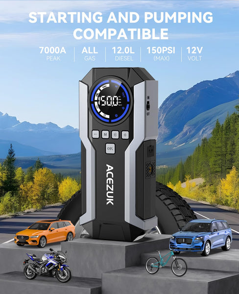 7000A Jump Starter Power Pack with 150PSI Air Compressor,12V Portable Car Battery Booster Jump Starter(All Gas/12.0L Diesel),Car Starter Power Bank, LCD Display and LED Lights