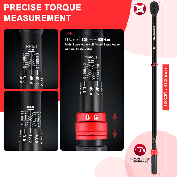 ATsafepro Torque Wrench 3/4 Inch, 100-600 Nm Torque Wrenchs, ±3% Error Accuracy with 48 Teeth Dual-Direction Adjustable for Repair of Car, Truck, Tractor