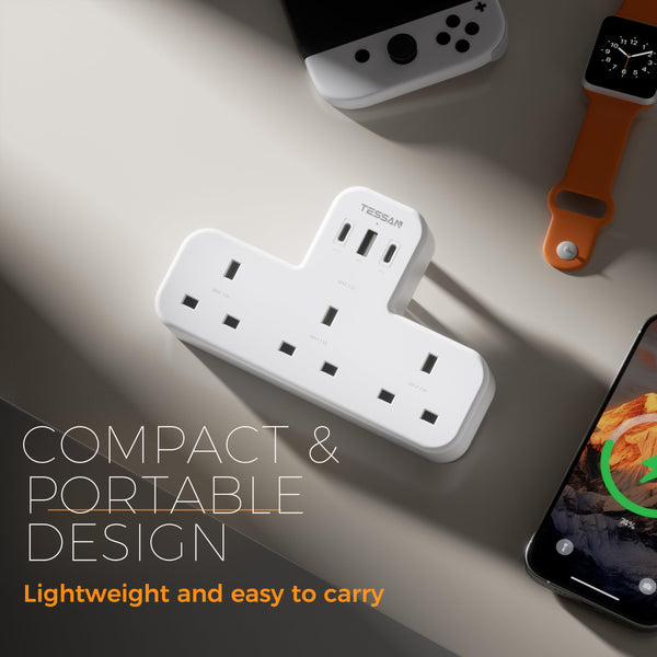 Plug Adapter, TESSAN Plug Extension Socket with 3 USB, 3 Way UK Multi Outlets Extender, Wall Charger for School Home, Kitchen, Office, School Supplies