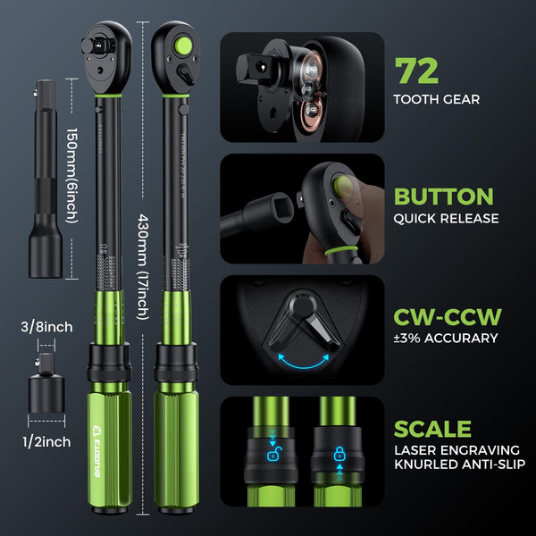ETOOLAB 1/2 Torque Wrench Dual-Range【20-230Nm/10-170lbf-ft】±3% Precision, 72 Tooth Dual-Direction Adjustable Torque Wrench for Bicycle, Moto, Car Maintenance—3pcs