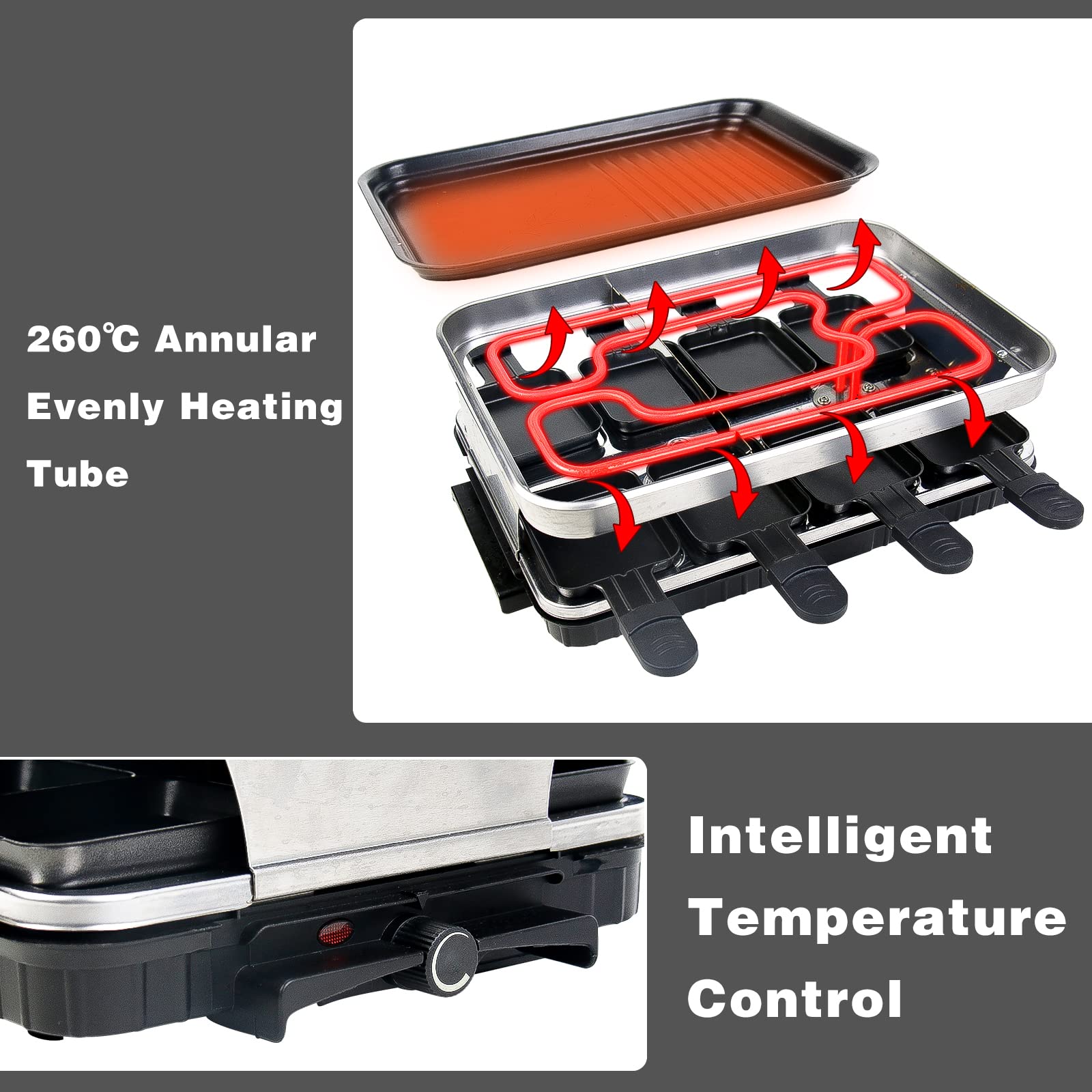 Hengbo Raclette Grill 8 Person Indoor Grill Machine 8 Mini Non Stick Pan for Raclette Cheese Dishes Cooking Party Kitchen Cooker Health Electric