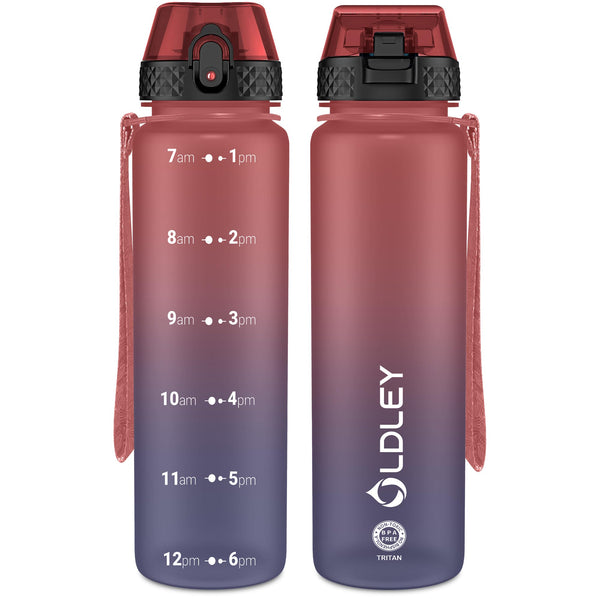 OLDLEY 1L/32oz Sports Water Bottle, 1000ml Motivational Drinks Bottle with Time Markings Leak Proof Drink & Lock Cover & No Straw, BPA Free for Adults Women Men Gym School Cycling Running Hiking