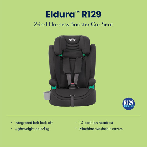 Graco Eldura R129 Harness Booster (76-145cm - 15 Months to Approx. 12 Years). Harness mode from 15 months to approx. 4 Yrs (76-105cm), Highback mode from approx. 3.5 to 12 yrs (105-145cm), Midnight