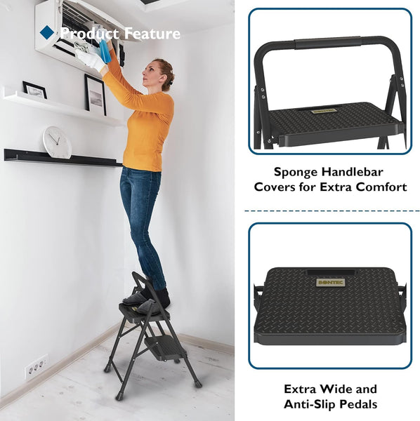 BONTEC 4 Step Ladder Folding, Heavy Duty Foldable Step Stool with Wide Anti-Slip Pedals, Sponge Handrail and Tool Tray, Portable Household Ladder 150kg Capacity, Compact Collapsible Indoor Ladder