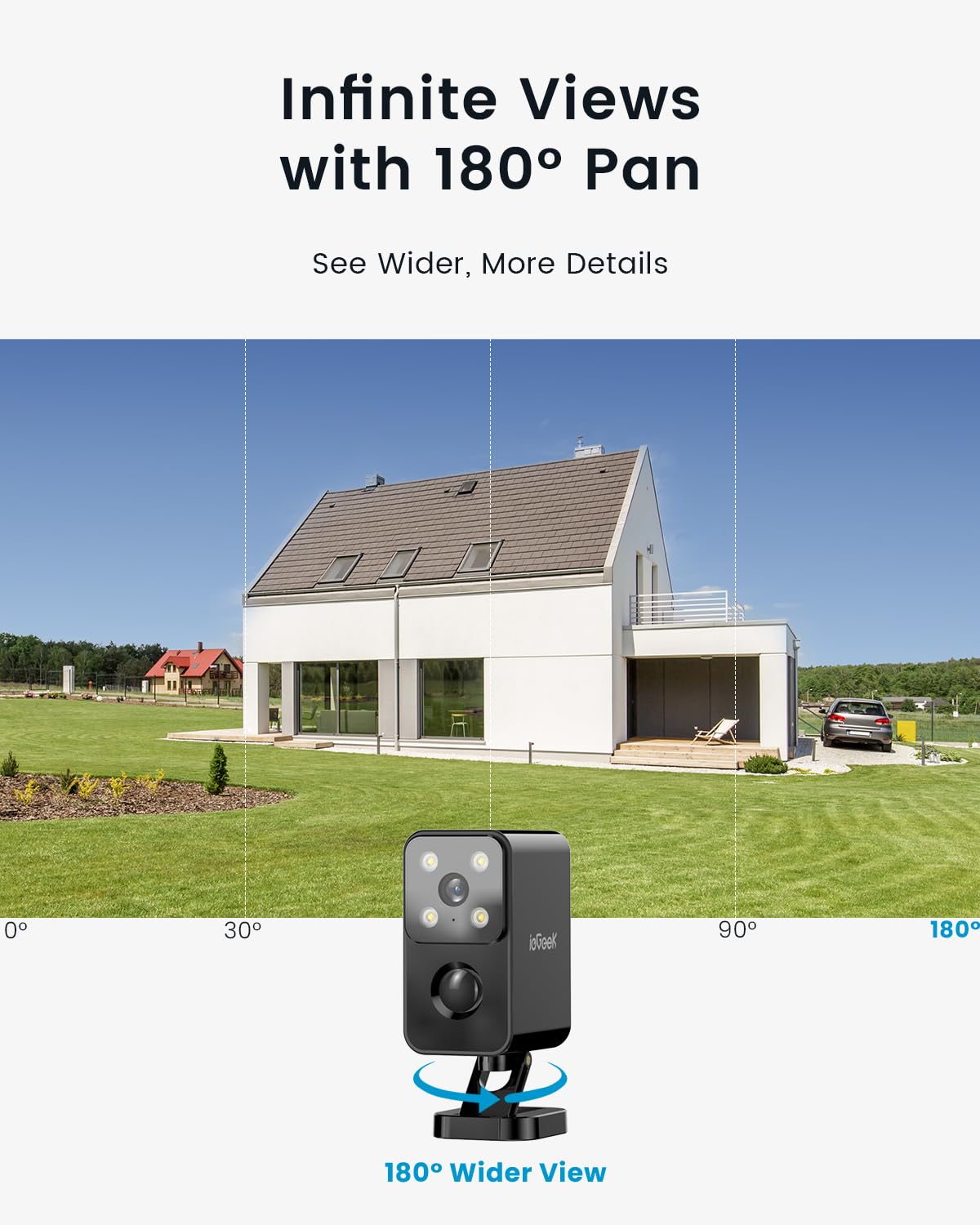 ieGeek No Monthly Fee 2K Security Camera Outdoor Wireless, 180° Horizontal Pan, Rechargeable Battery Wifi Home Camera, Colour Night Vision, Motion Detection, Siren Floodlight, Voice Intercom, IP65