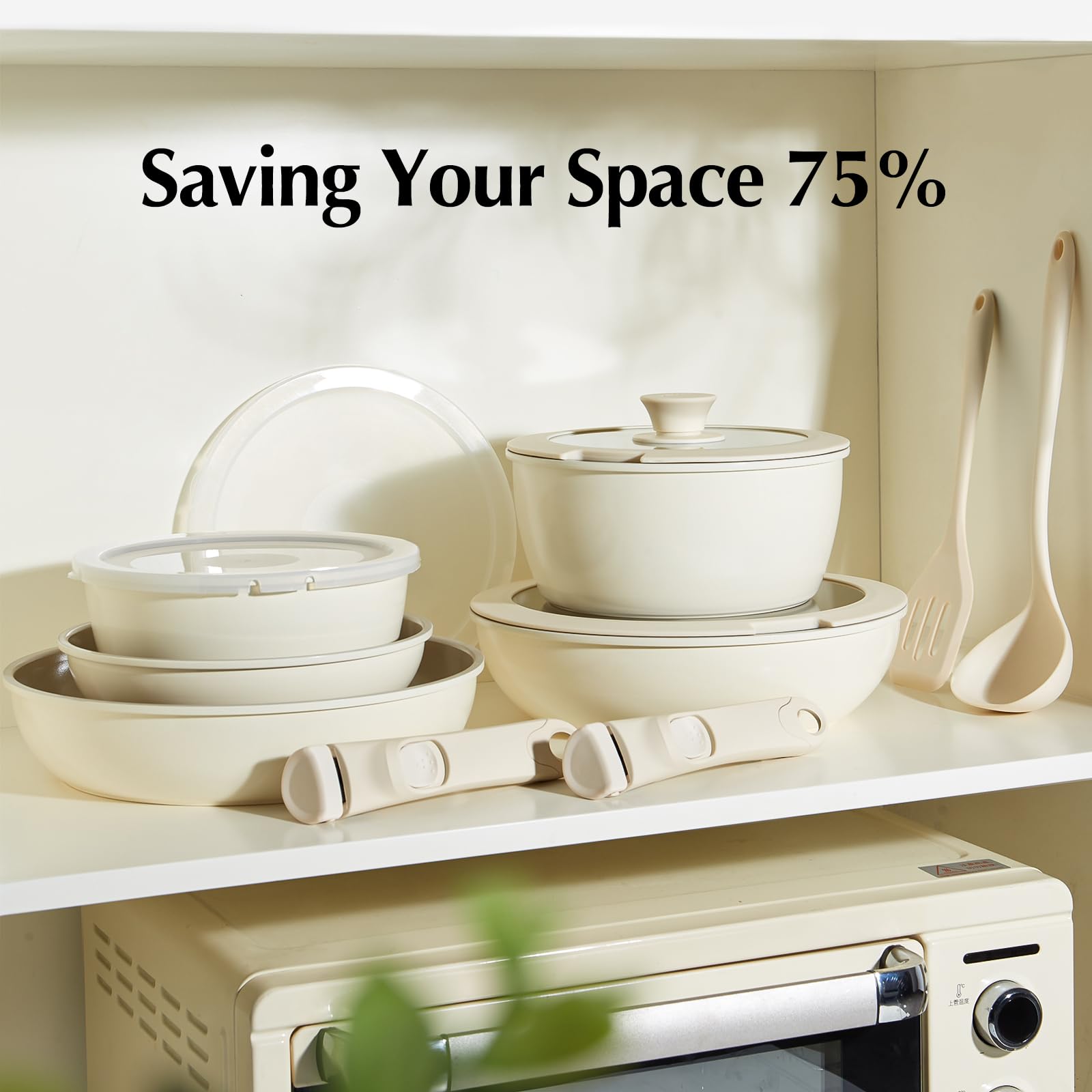 Redchef Ceramic Pots and Pans Set Non Stick, 16 pcs Nonstick Cookware Set with Detachable Handle, Non Toxic, PFAS PFOA & PTFE Free, RV Ceramic Cookware Set for Camping, Oven Safe (Pink)