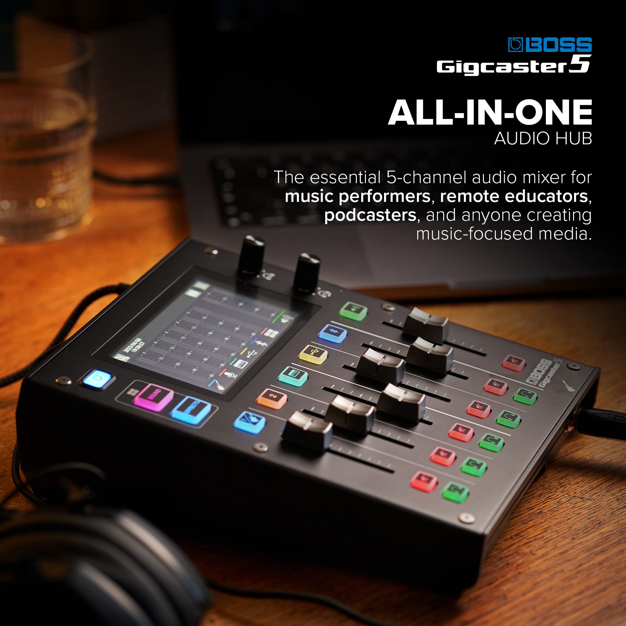 BOSS Gigcaster 8 | 8-Channel Audio Streaming Mixer with Direct Guitar/Bass Input | 4 XLR/TRS Combo Inputs | Built-In Stereo Mic | 8 SFX Pads | 20x14 USB Audio Interface | Onboard Recording | Bluetooth