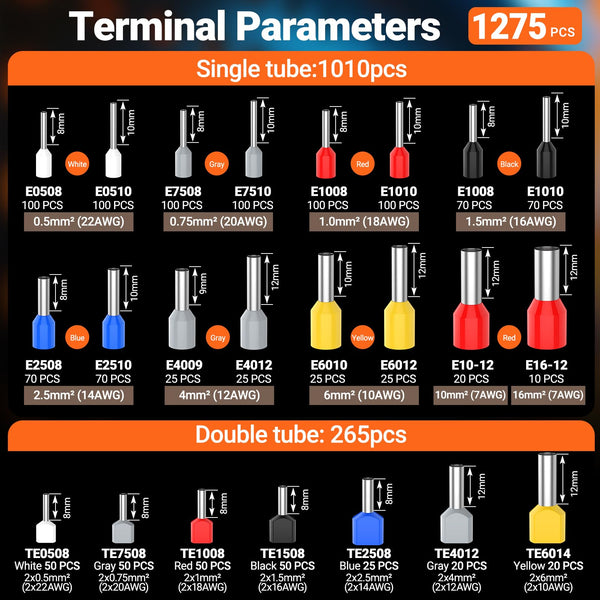 Preciva Wire Crimping Tool Kit,0.08-16mm² with 1275 Ferrules(265 Double Terminals), Ratchet Crimper Tool with Box, Ergonomic Wire Crimping Tool,Wire Connecters Plier