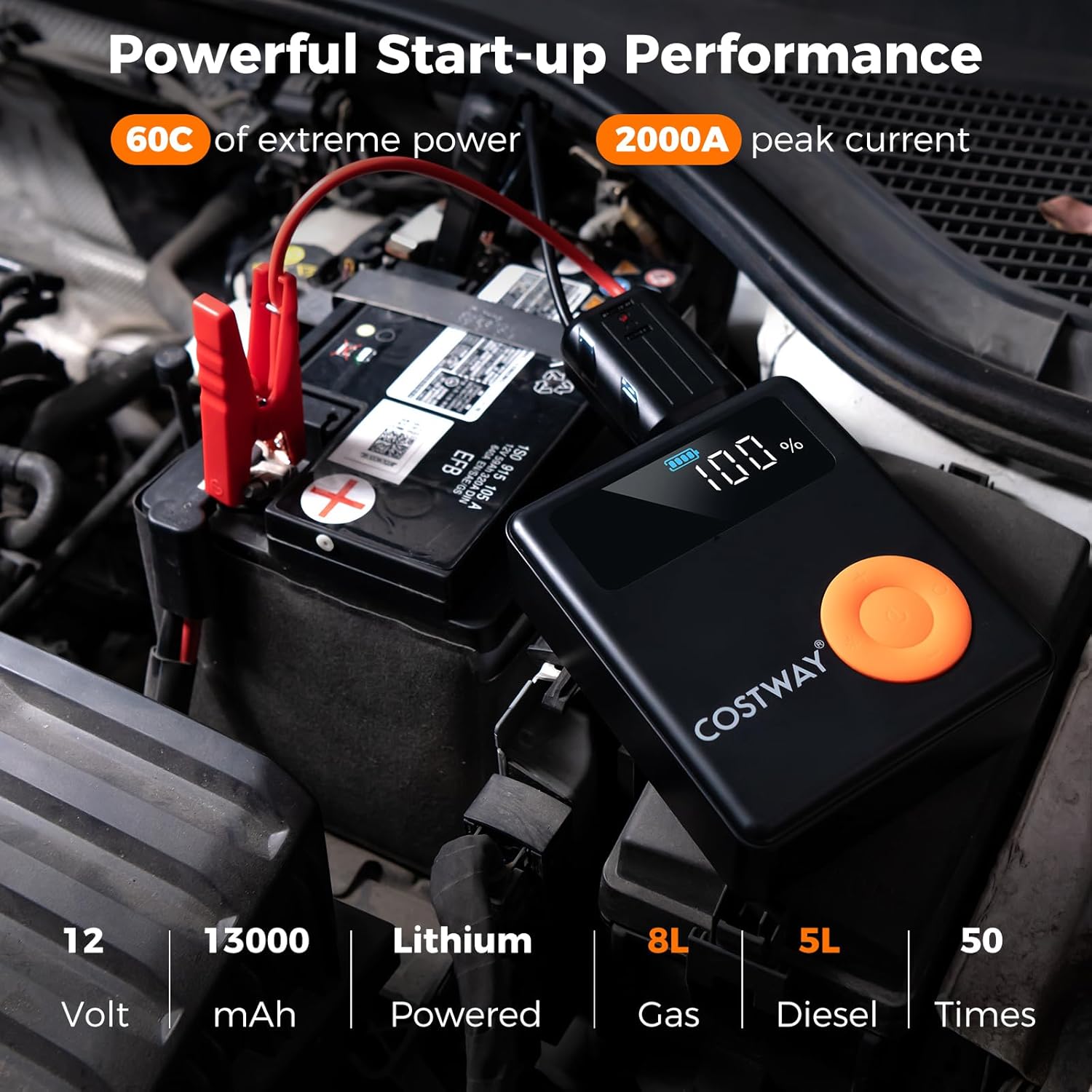COSTWAY 5-in-1 Jump Starter with Air Compressor, 2000A Peak 13000mAh 12V Car Battery Booster Jump Starter (up to 8.0L Gas or 5.0L Diesel Engine), Powerbank Charger with Jump Leads, LED Flashlight