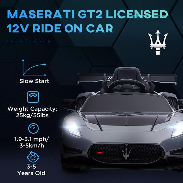 AIYAPLAY Maserati GT2 Licensed 12V Electric Car for Kids, Kids' Electric Ride on with Suspension System, Remote Control, USB, Music, Horn, Lights, Auxiliary Wheels, for Ages 3-5 Years, Grey