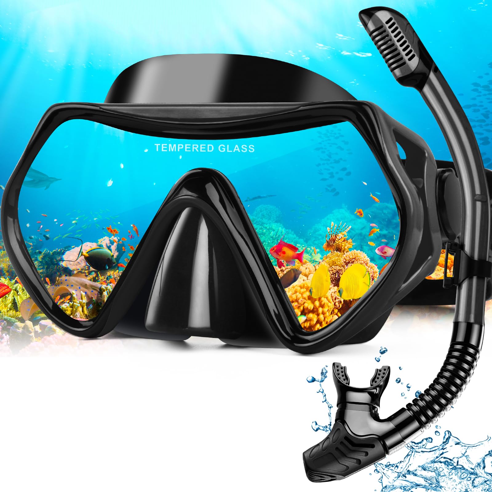 Hydomi Snorkel Set Adults 180° Panoramic Anti-Fog Snorkel Mask with Dry Top Valve, Leak-Proof Tempered Glass Diving Set for Swimming Snorkeling, Travel-Friendly Kit with Adjustable Straps