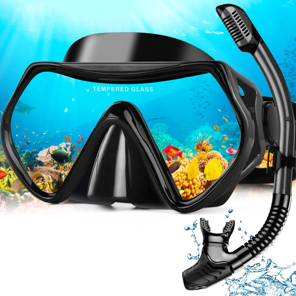 Hydomi Snorkel Set Adults 180° Panoramic Anti-Fog Snorkel Mask with Dry Top Valve, Leak-Proof Tempered Glass Diving Set for Swimming Snorkeling, Travel-Friendly Kit with Adjustable Straps