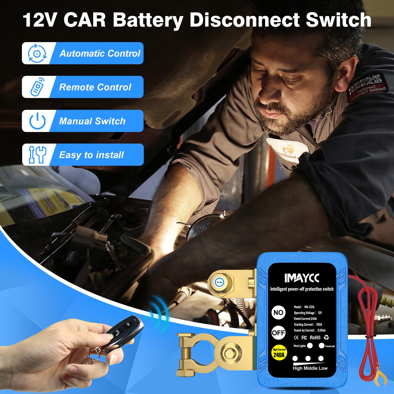 IMAYCC Kill Switch for Car, Remote Battery Disconnect Switch 12V 240A, Battery Iisolator 12V, Car Battery Kill Switch Anti Theft, Automatic Cut/Shut Off Switch for Auto,RV, ATV,Truck, Boat.