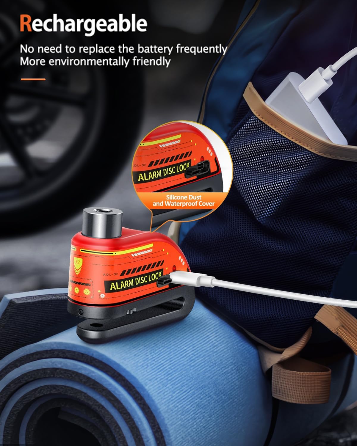 ZEXMTE Motorbike Disc Lock with Alarm, Rechargeable 120dB Anti-Theft Alarm with 5.9 FT Reminder Cable, Heavy-duty Motorcycles Locks Waterproof Disc Lock for Motorcycle, Bike, Scooter, E-Bike