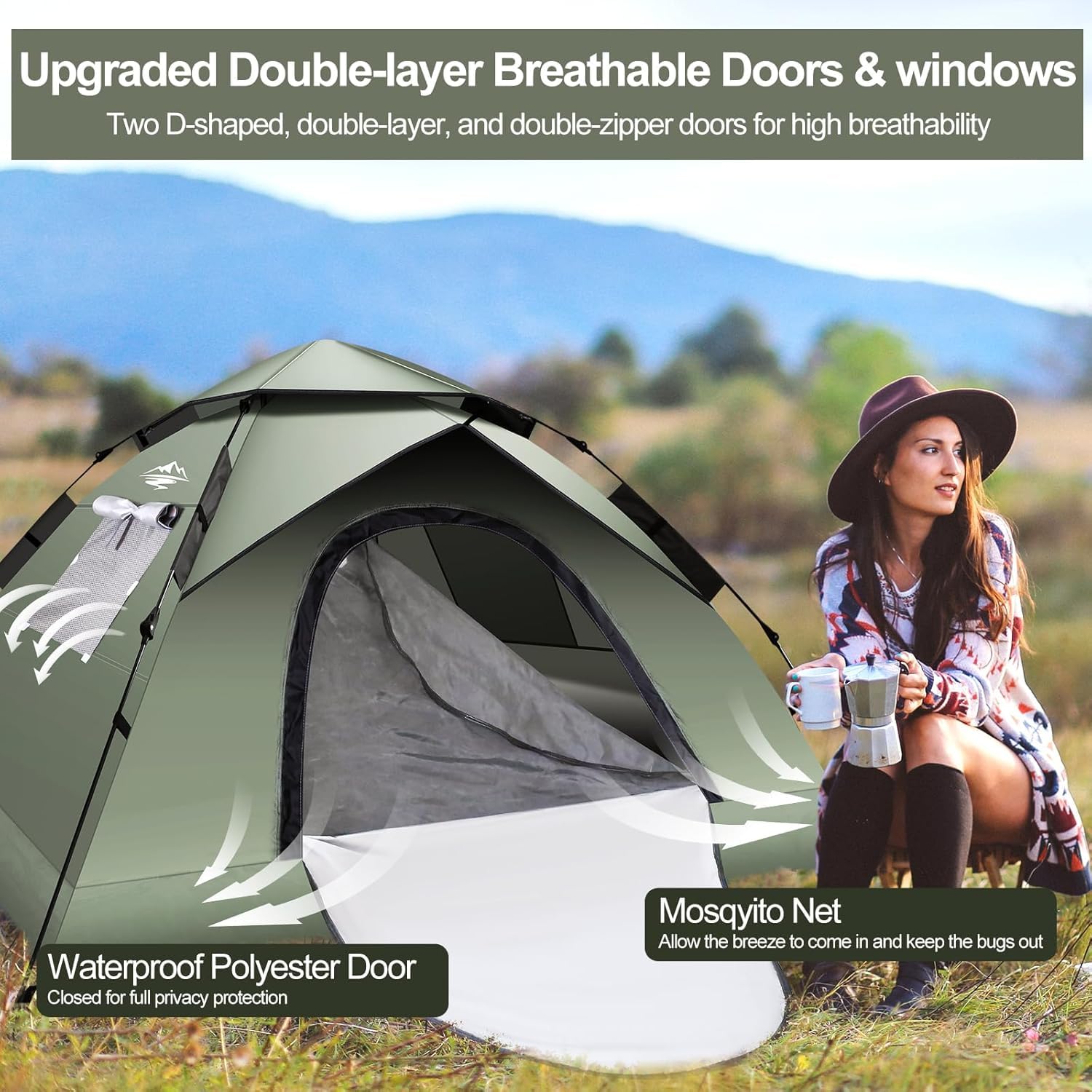 Mimajor Camping Tent Pop Up - Automatic Pop-Up 2-3 Man Tent Instant Tents Waterproof & Windproof Dome Tents, 2 in 1 Double Layers Easy Setup for Camping Hiking Backpacking Traveling