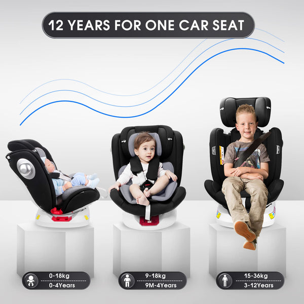 LETTAS 360 Rotation Baby Car Seat with Isofix Group 0+1/2/3 (0-36 kg, 0-12 Years) Maximum Recline 165° for Rear Facing, SIPS