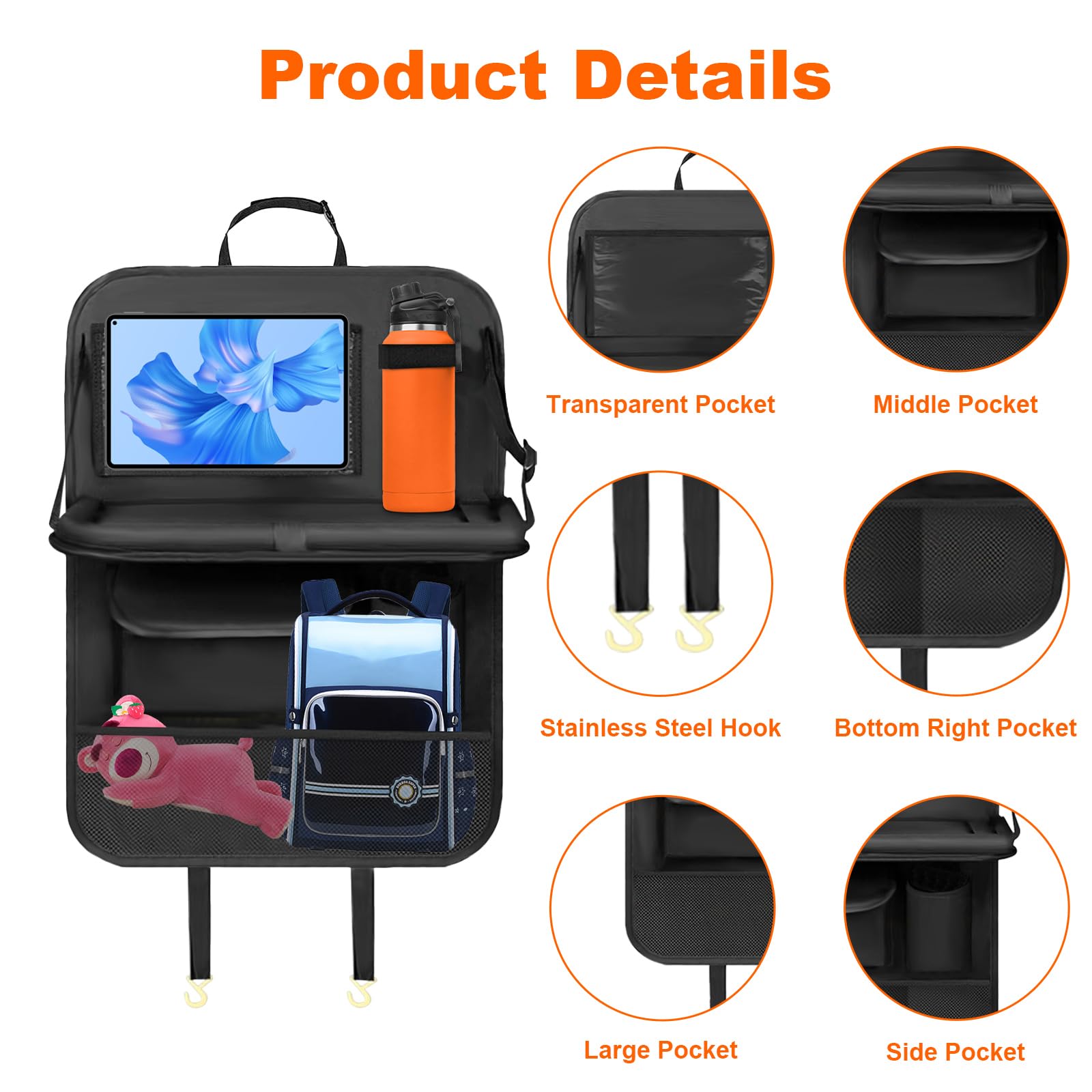 Resszo Car Organiser,Car Seat Organiser for Kids with Tablet Holder, Multifunctional WaterProof Back Seat Protector with 10.5 iPad Foldable Tray Table, 6 Pockets Toy Storage