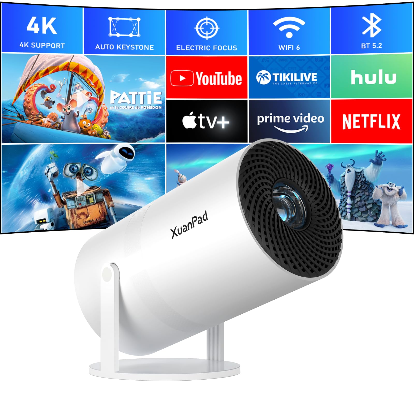 [Official Netflix Certified & Auto Focus] Smart Projector 4K Support, XuanPad Mini Projector for Bedroom, 800 ANSI, Auto Keystone, 3D Stereo Sound WiFi Bluetooth Projector with 360°Adjustable Stand