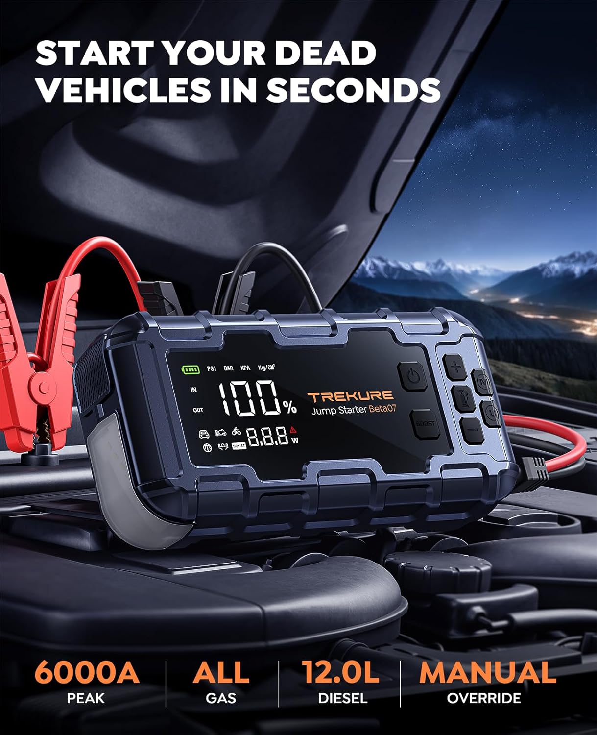 TREKURE 7-IN-1 6000A Jump Starter Power Pack with 160PSI Air Compressor, PD45W Charger with Car Battery Booster Jump Starter (all Gas/12L Diesel), Car Starter Power Bank, Gloves, Lights, QC3.0