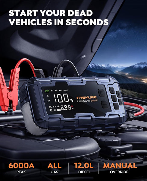 TREKURE 7-IN-1 6000A Jump Starter Power Pack with 160PSI Air Compressor, PD45W Charger with Car Battery Booster Jump Starter (all Gas/12L Diesel), Car Starter Power Bank, Gloves, Lights, QC3.0