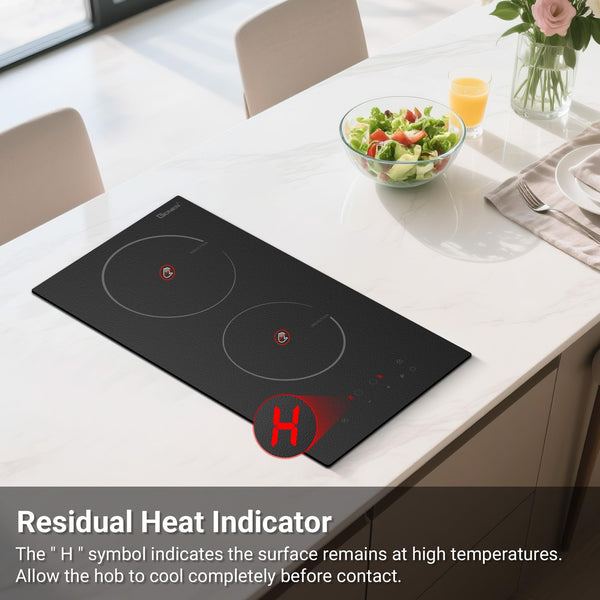 GIONIEN Plug in Induction Hob 2 Rings,Domino Hobs,30cm Electric Cooktop 2800W 13 Amp, Built in Worktop,Black Glass Smooth Worktop,Double Induction Cooker GIT230SP