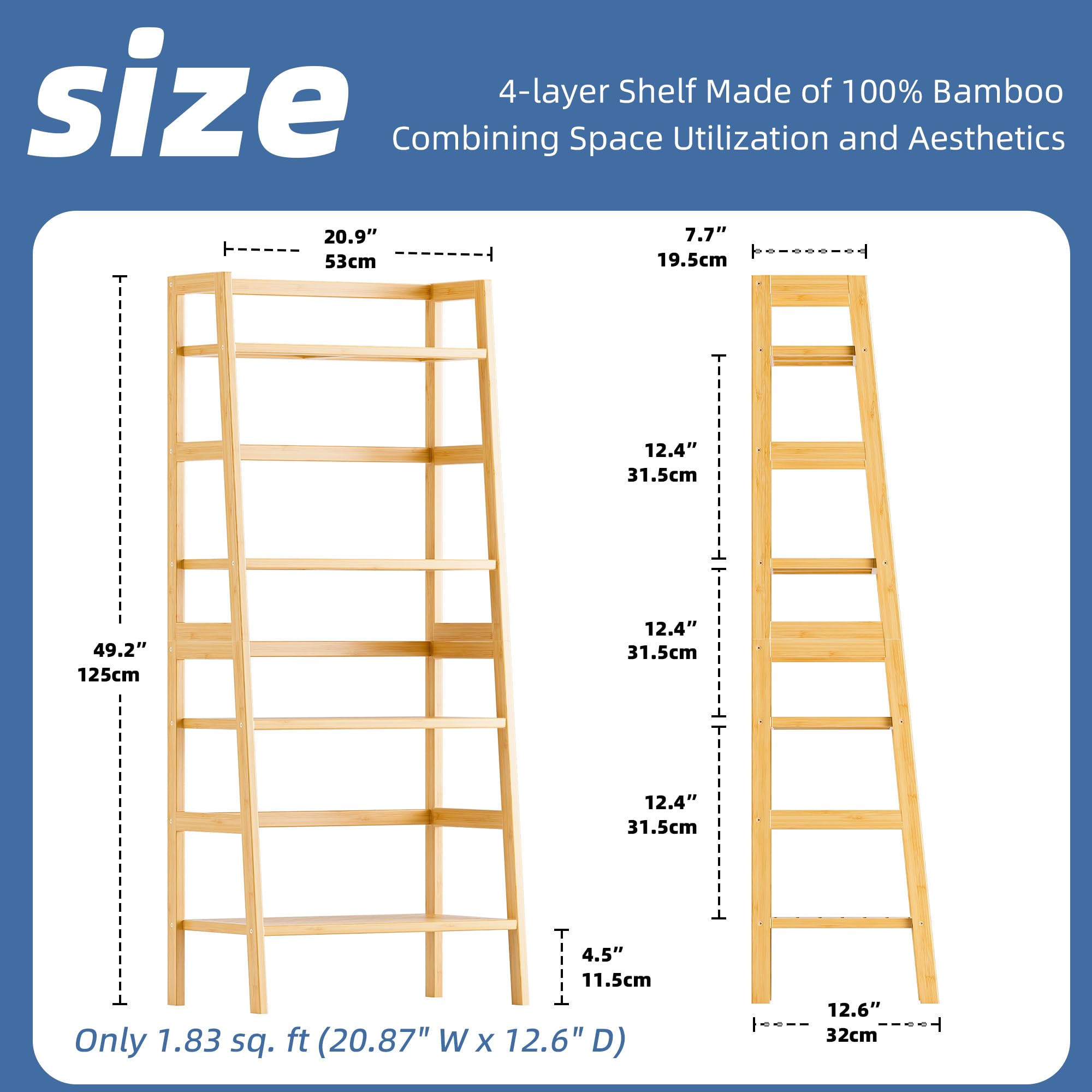 HITNET Bamboo Ladder Shelf, 4-Tier Bookshelf, Freestanding Open Bookcase Bathroom Storage Rack Organizer, Small Flower Plant Stand, Natural