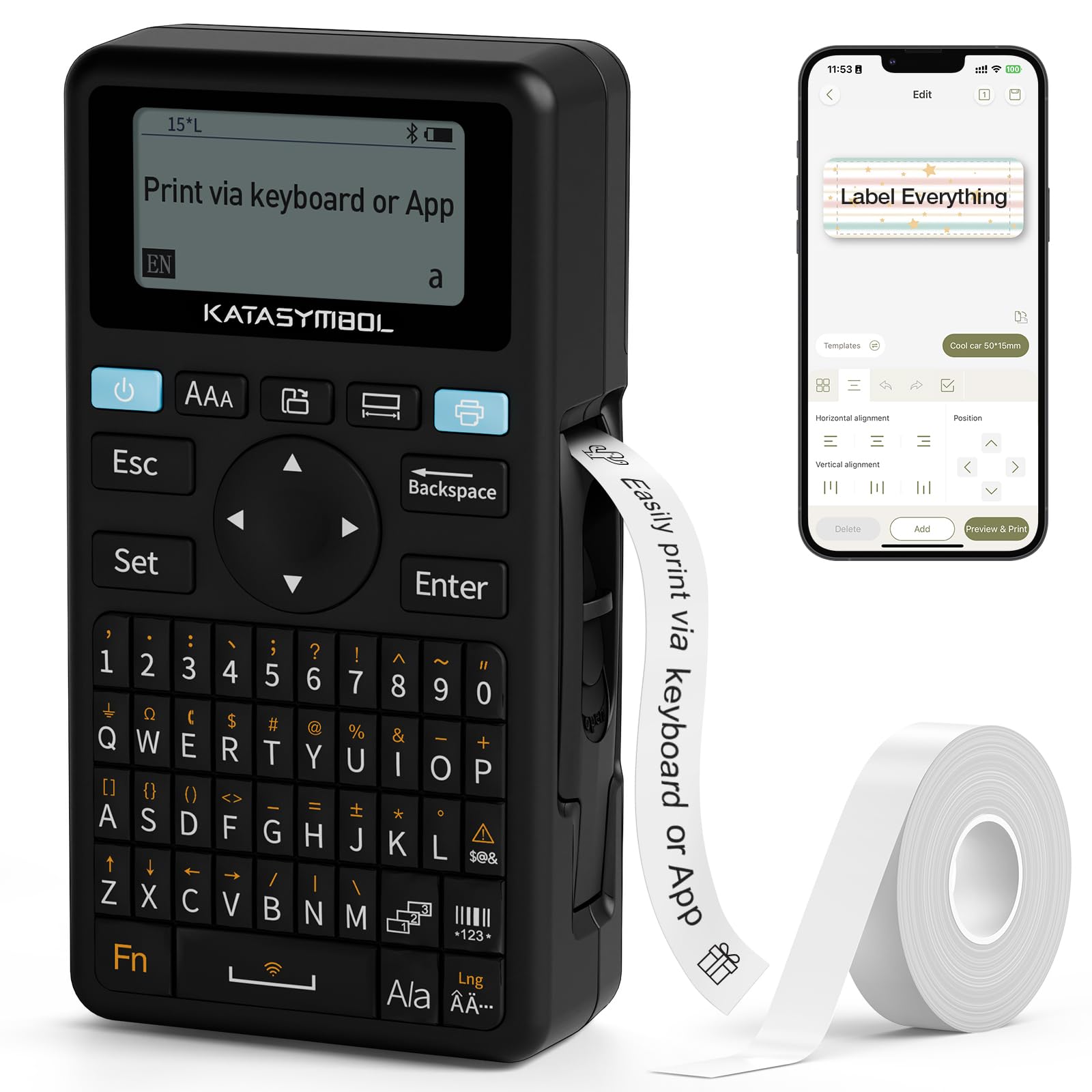 SUPVAN E11 Bluetooth Label Maker Machine with 4 Tapes, Support Keyboard & App with 40 Fonts and 450+ Icons, Rechargeable Inkless Labeler for Home, Kitchen, Office, School Organization, Black