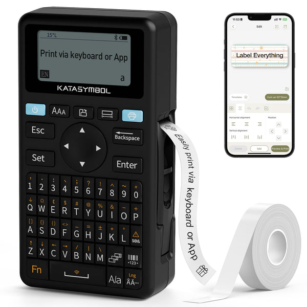 SUPVAN E11 Bluetooth Label Maker Machine with 4 Tapes, Support Keyboard & App with 40 Fonts and 450+ Icons, Rechargeable Inkless Labeler for Home, Kitchen, Office, School Organization, Black