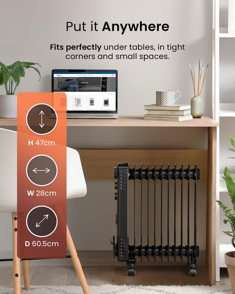 Pro Breeze Oil Filled Radiator with 11 Fins - Slim Electric Radiator - Portable Oil Heater with Built-in 24 Hour Timer, 3 Heat Settings, Adjustable Thermostat (White)
